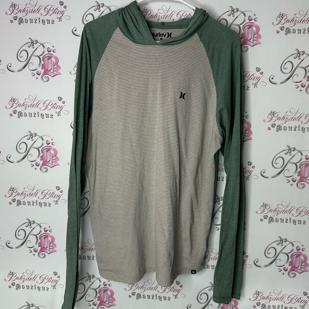 Hurley Men's Green cream long sleeve Shirt sweater hoodie style striped green